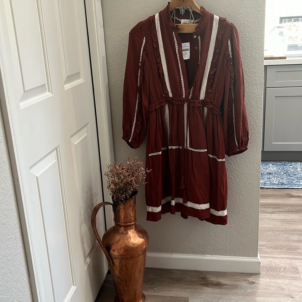 New** Beauty  Boheme Cottage Core Style Dress ruffled, two-tone, camel. Sz 8